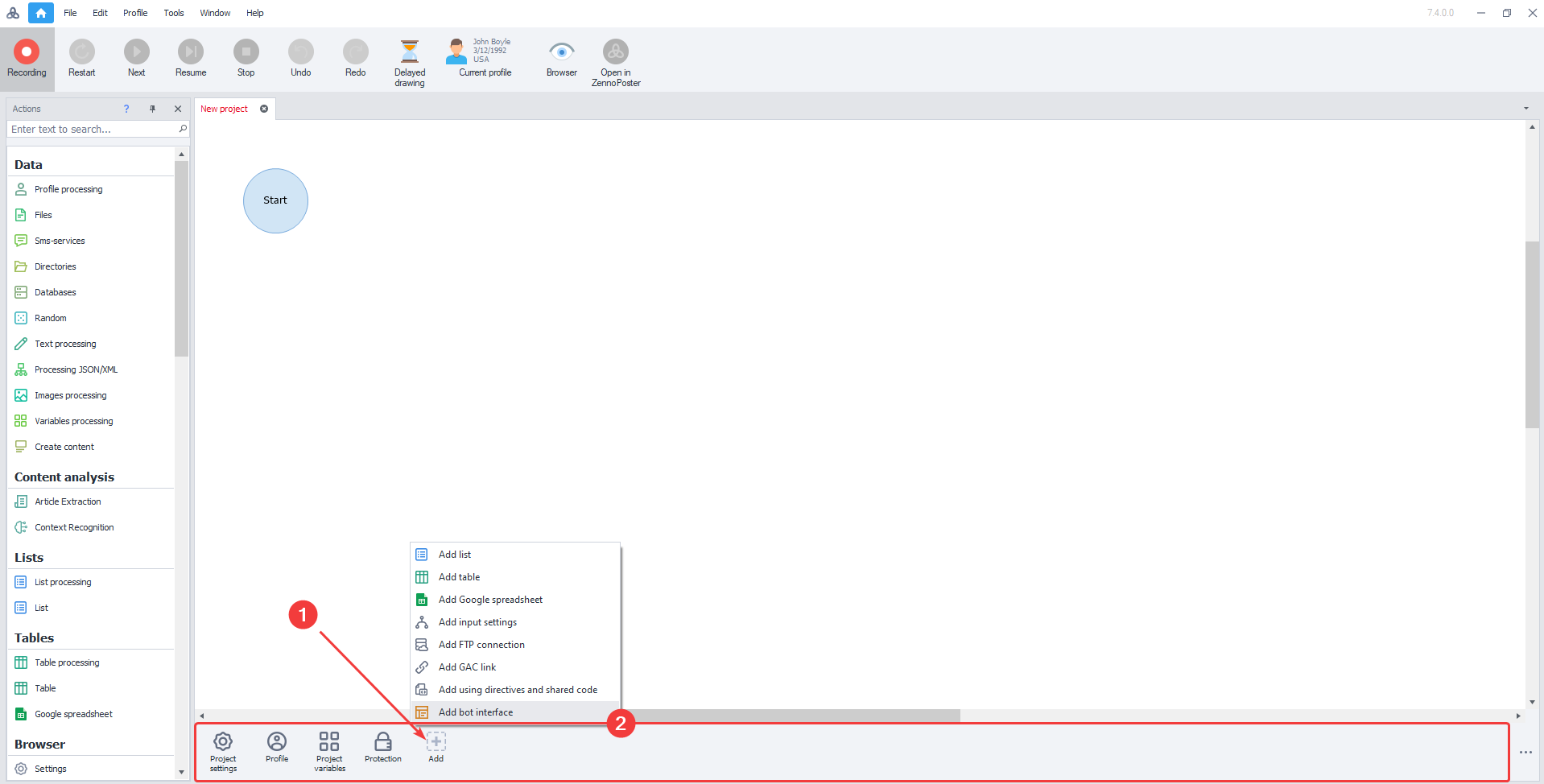 Add bot interface to the ZennoPoster project